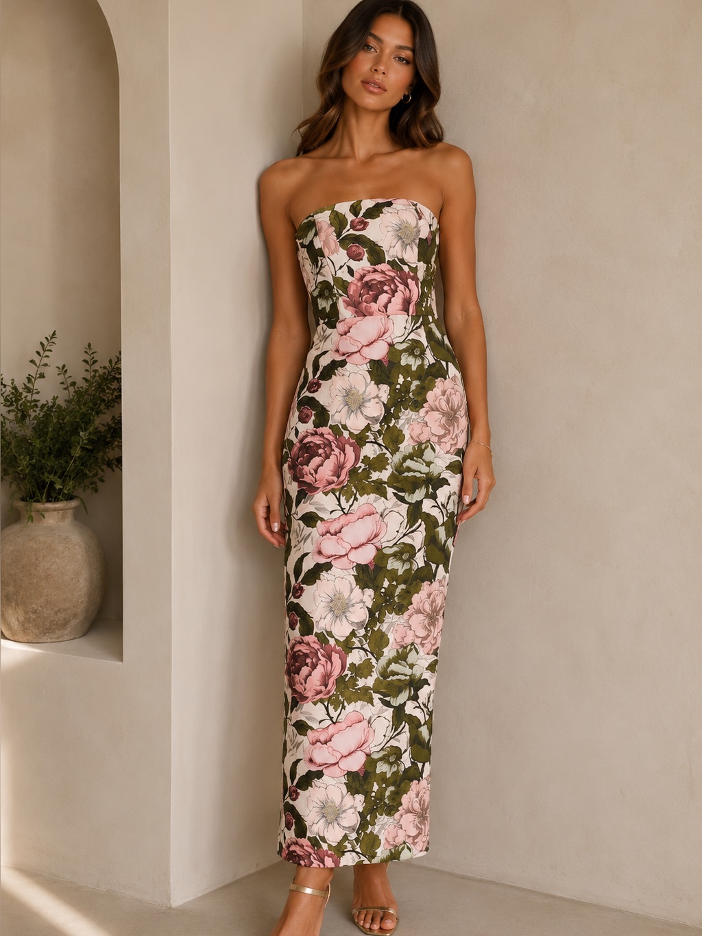 Milly Floral Strapless Dress In Pink & Olive
